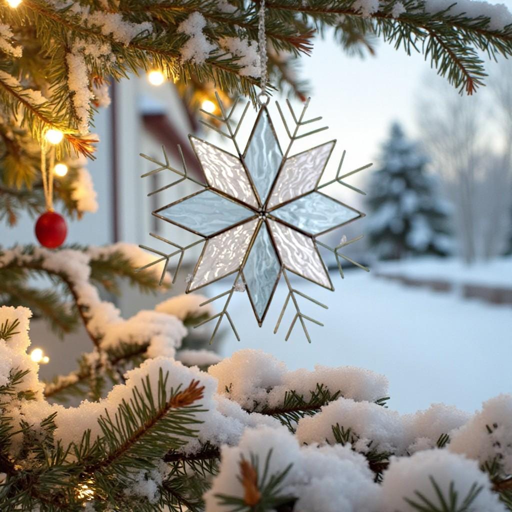 Colorful ribbon options for hanging the stained glass snowflake ornament, including red, green, blue, and other festive colors.
