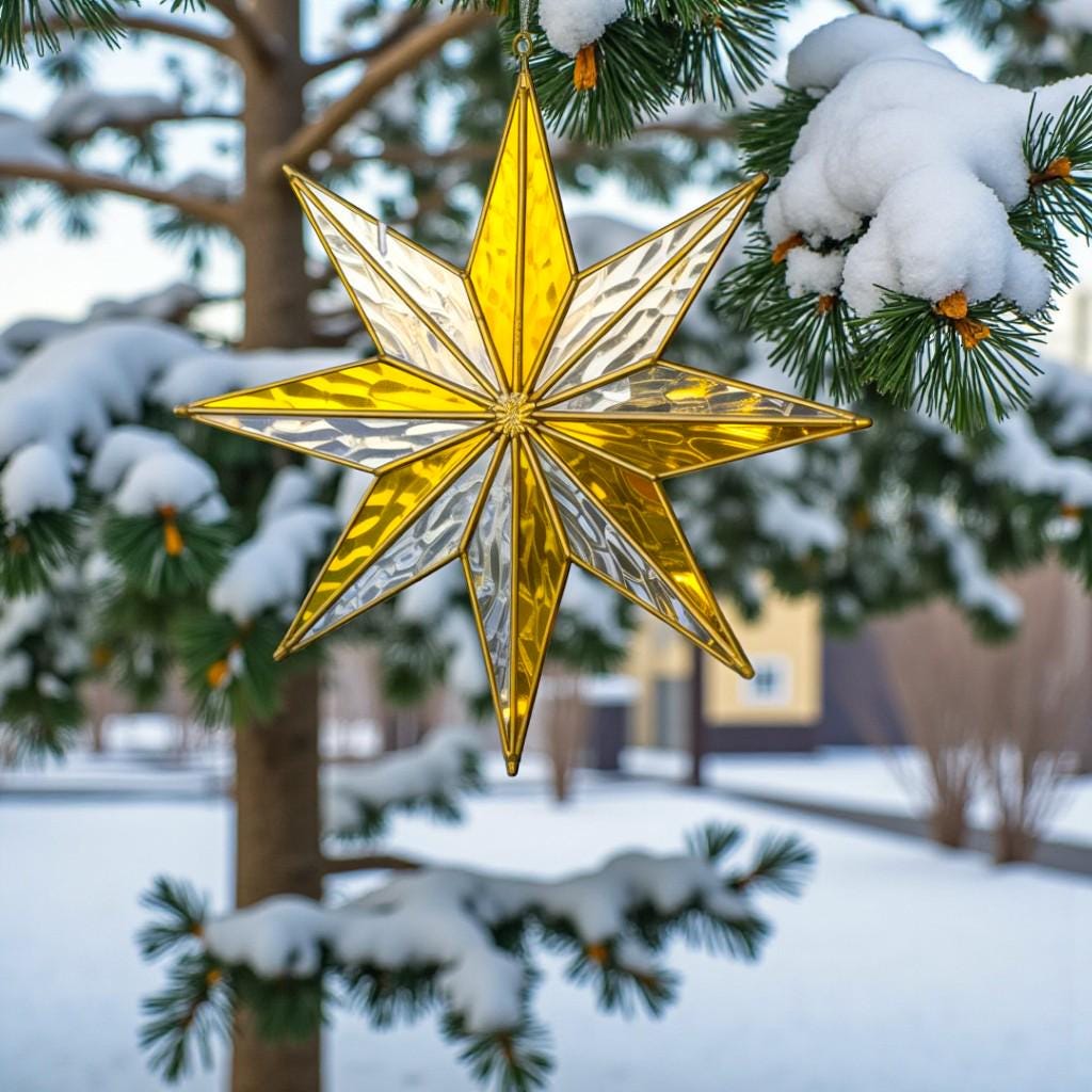 Size guide for the stained glass snowflake ornament, showing its 6-inch height and overall measurements for perfect holiday decor.