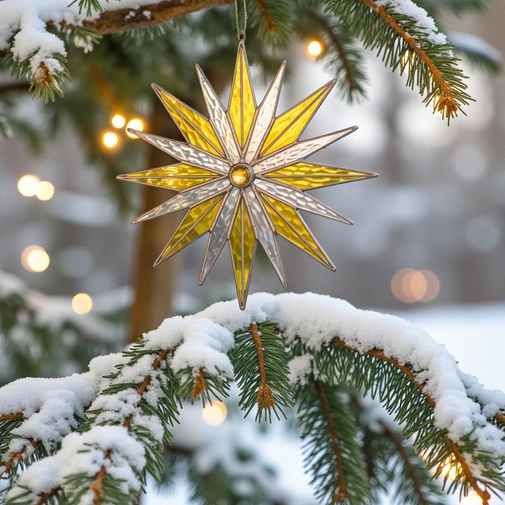 Stunning close-up shot of the colorful stained glass snowflake ornament glowing on a Christmas tree, adding a warm festive touch.