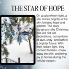 Close-up of a radiant stained glass snowflake ornament, symbolizing hope and unity during the holiday season, hanging on a snow-covered tree.