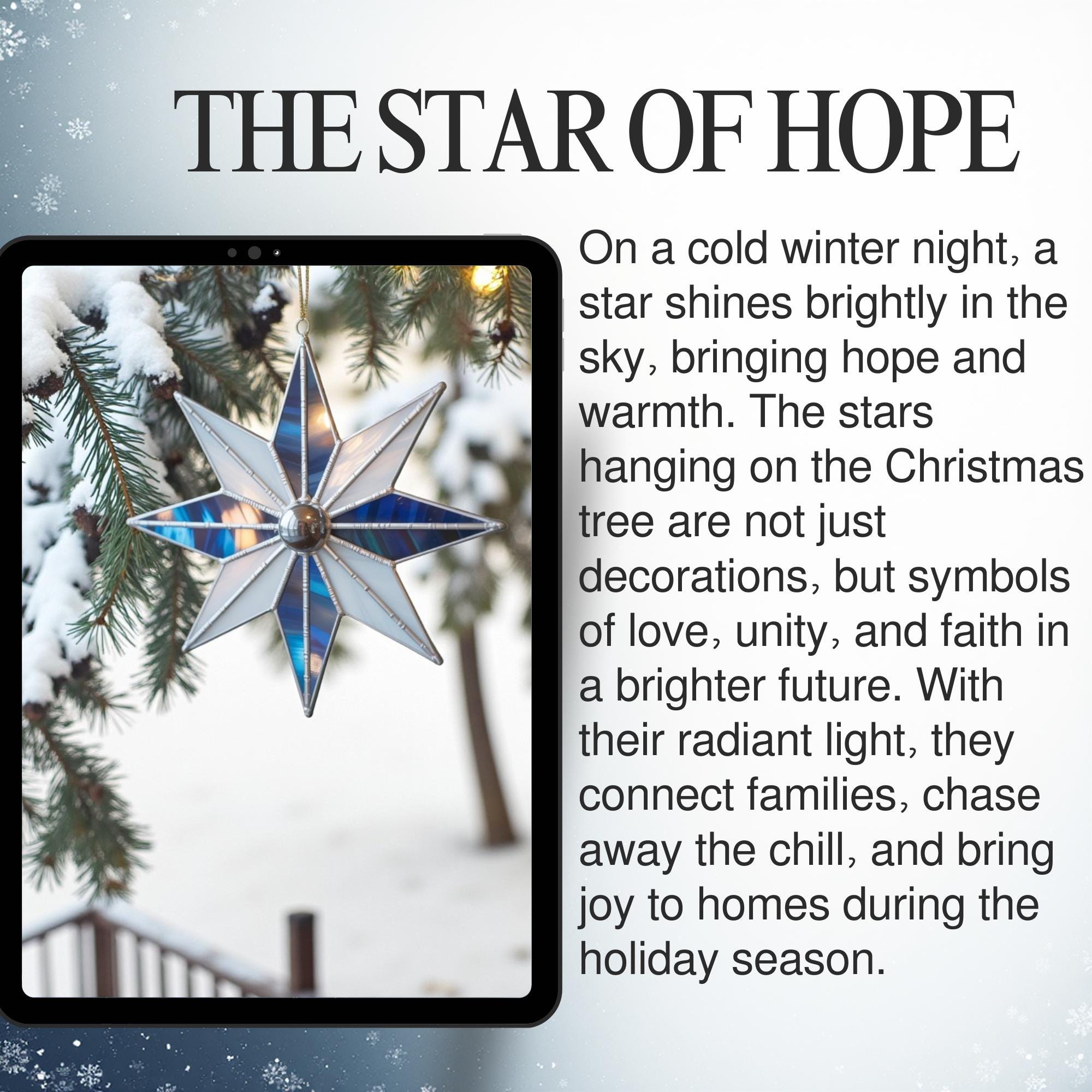 Close-up of a radiant stained glass snowflake ornament, symbolizing hope and unity during the holiday season, hanging on a snow-covered tree.