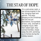 Close-up of a radiant stained glass snowflake ornament, symbolizing hope and unity during the holiday season, hanging on a snow-covered tree.