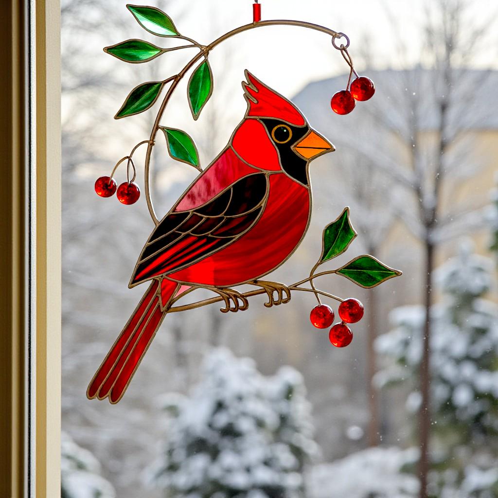 Detailed view of the vibrant red cardinal stained glass ornament, showing its intricate design and color.