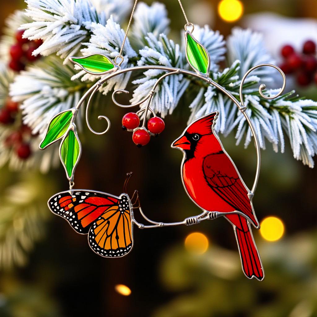 Stained glass cardinal ornament with a vibrant red color hanging in front of snowy trees.