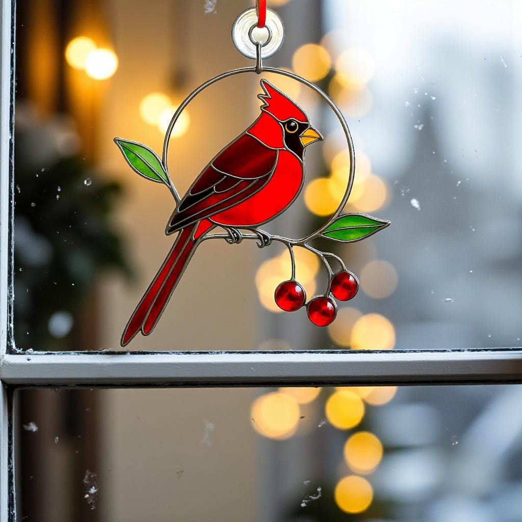 Close-up of a red cardinal stained glass ornament with cherries, hanging on a window with festive lights.