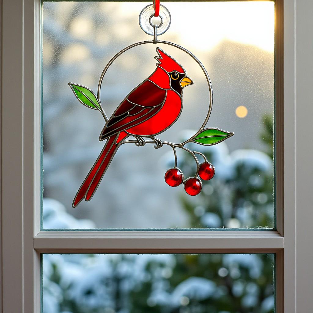 Cardinal stained glass ornament displayed on a window with winter scenery outside and soft indoor lights.