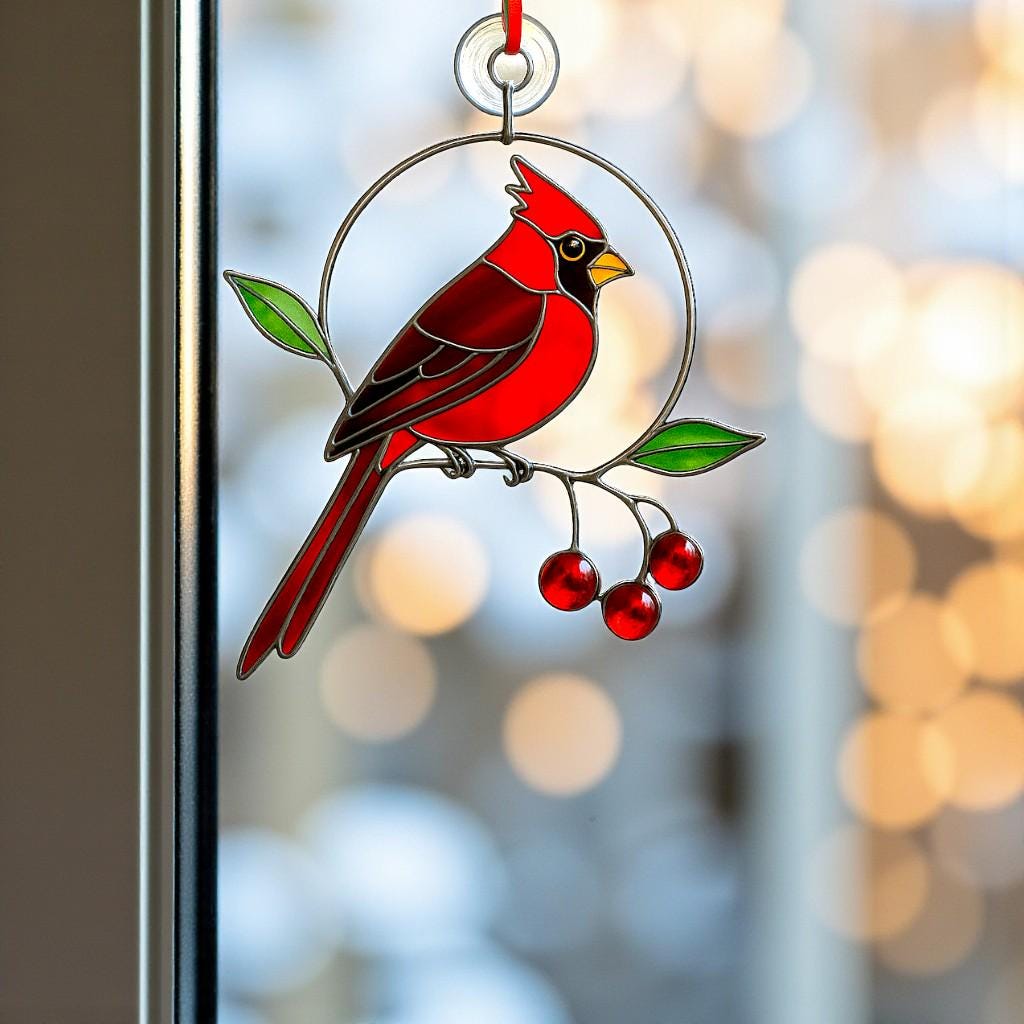 Cardinal stained glass ornament with red and green hues hanging in front of a winter landscape.