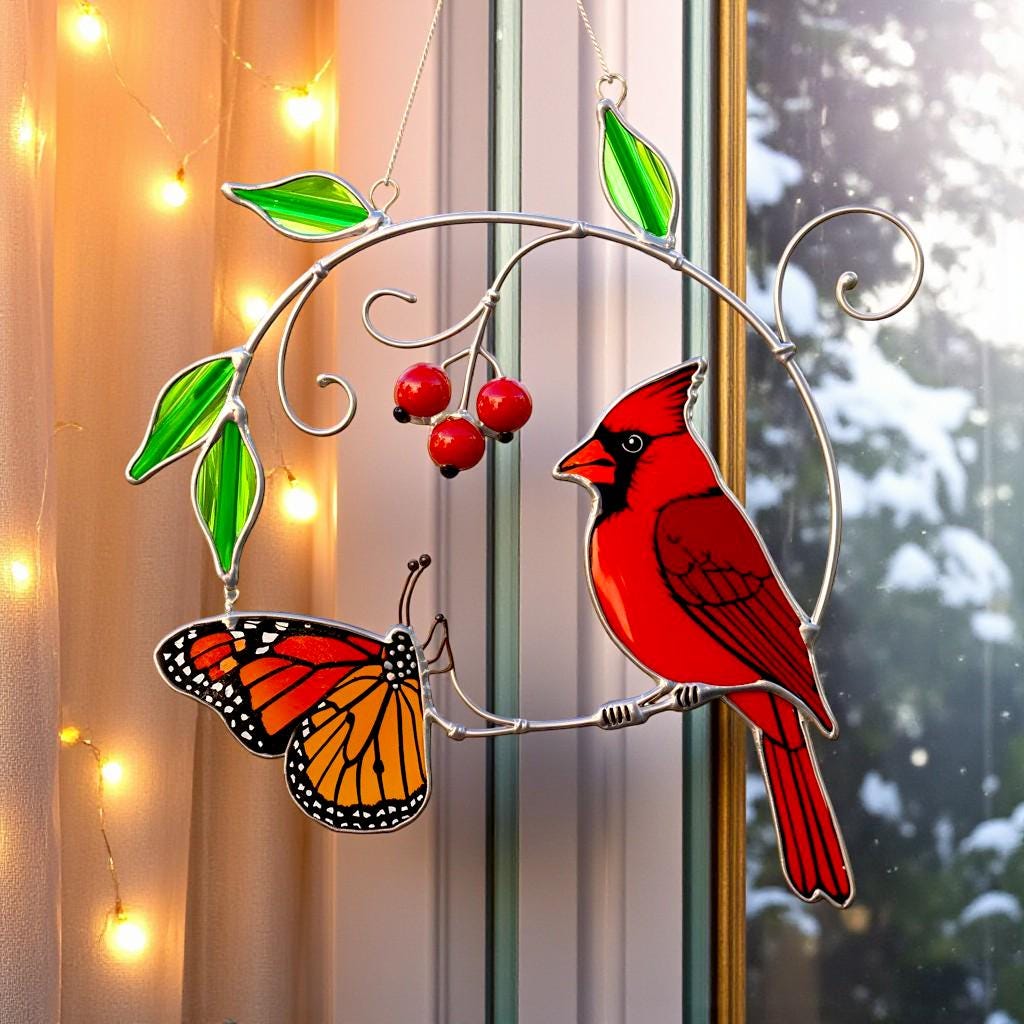 Cardinal ornament with cherries in a snowy winter setting, showcasing the stained glass design.