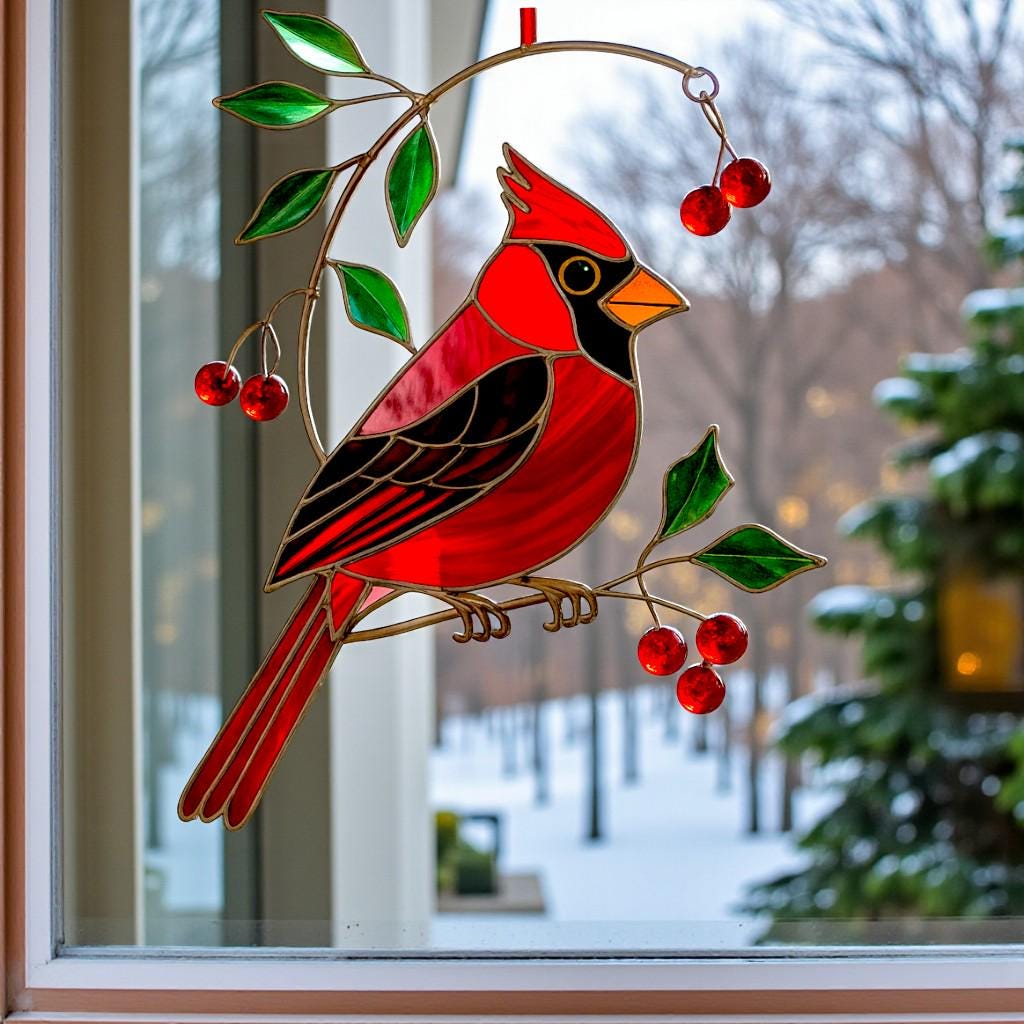 Close-up shot of the red cardinal ornament with cherries, featuring intricate stained glass details.