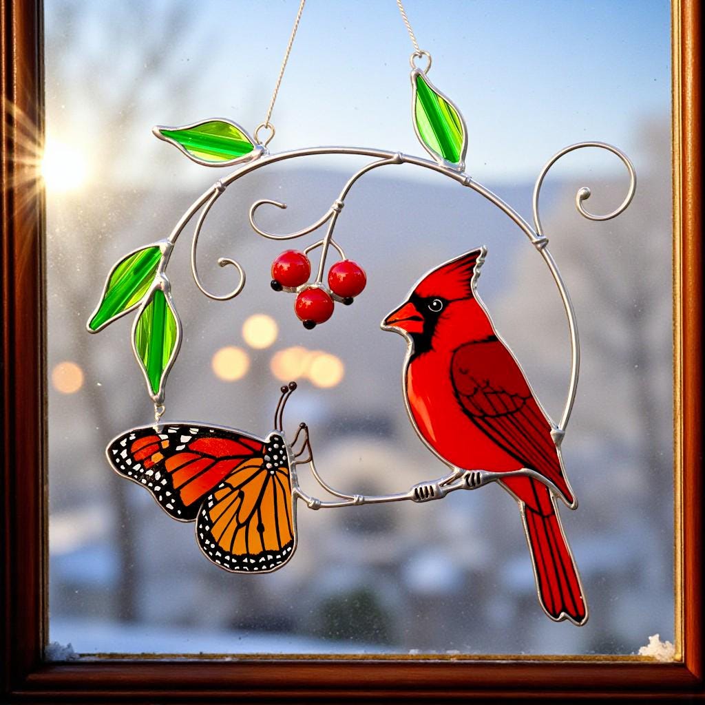 Stained glass ornament featuring a red cardinal perched on a branch with a butterfly and cherries, hanging by a window.