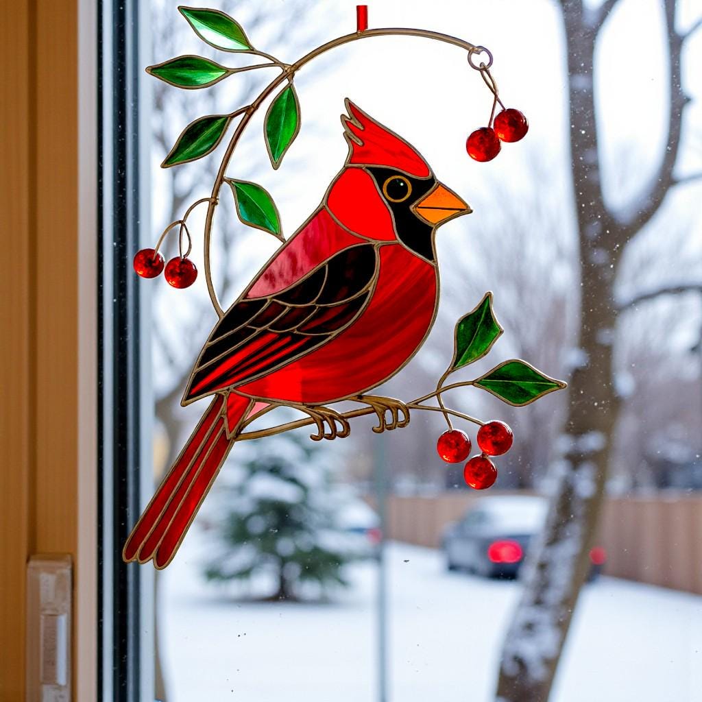 Stained glass cardinal ornament with vibrant red color and cherry design, hanging on a window.