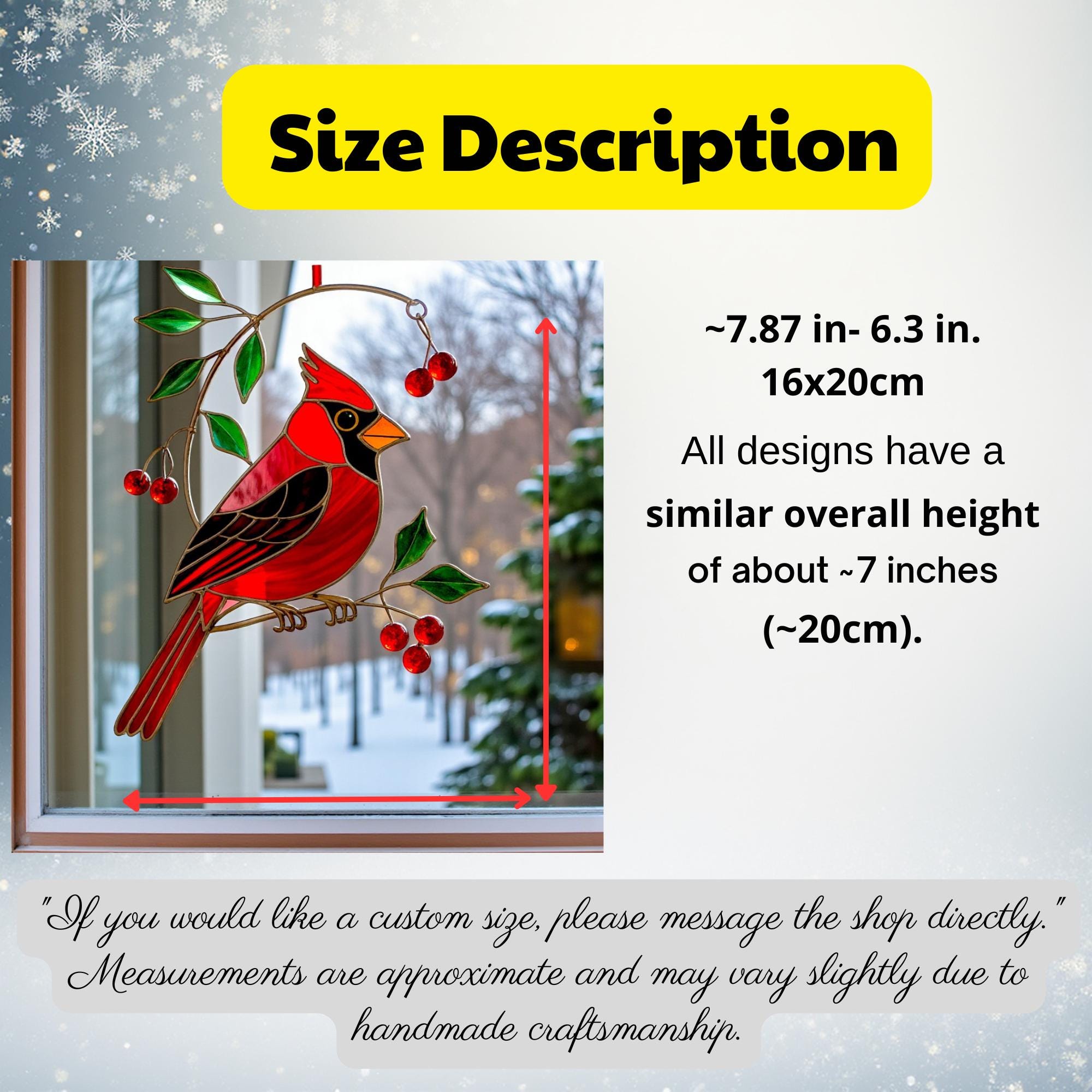 Image showing the size of the cardinal ornament, with a focus on the dimensions for easy reference.