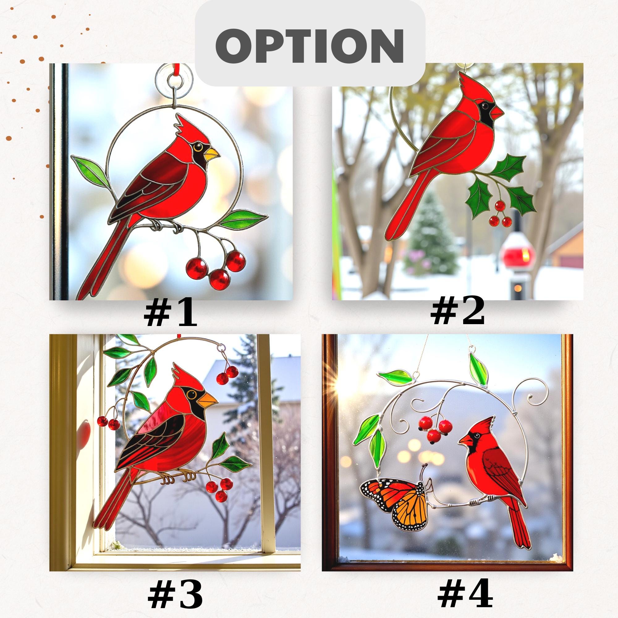 Cardinal stained glass ornament with cherries displayed in a bright, snow-filled scene.