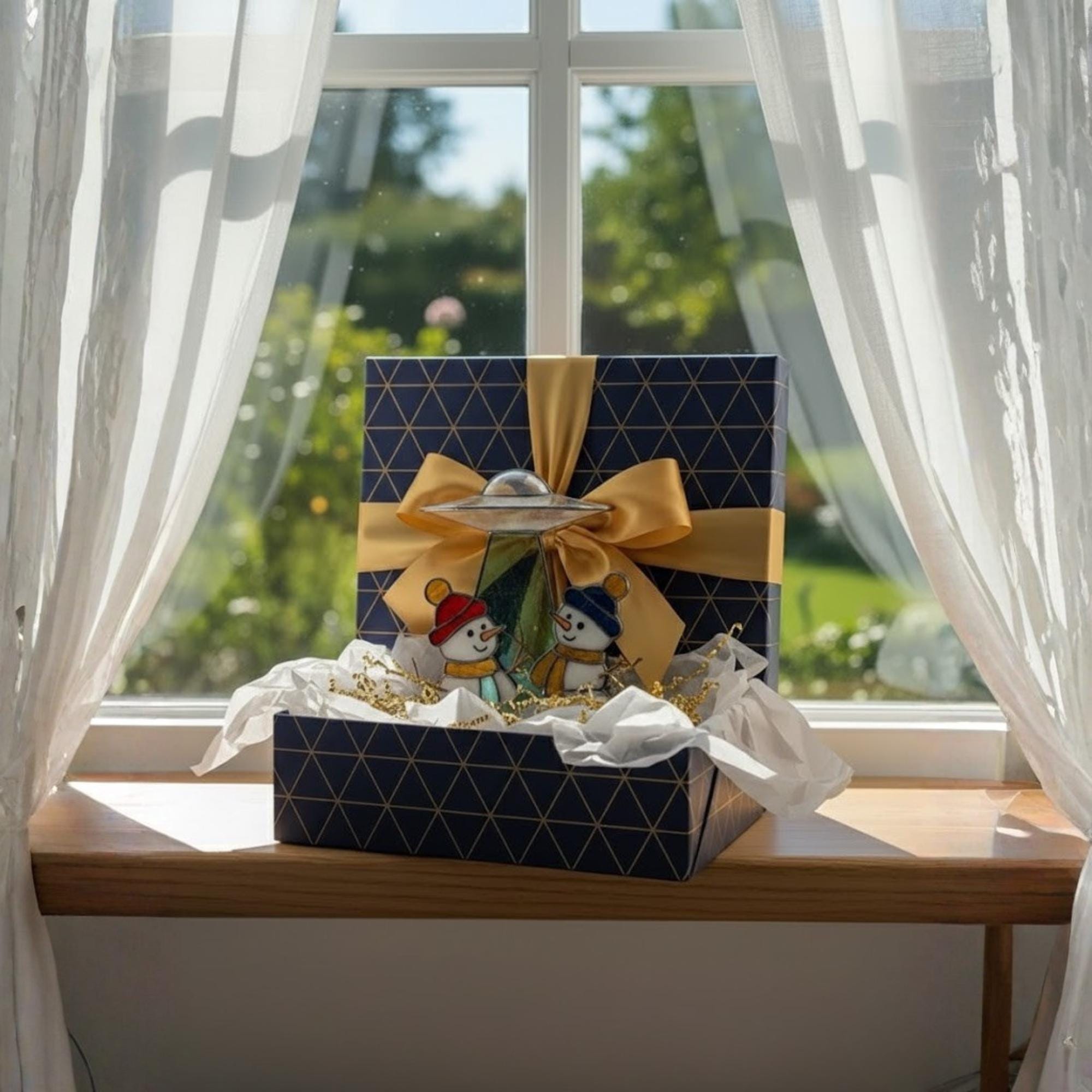 Two happy snowmen glass ornament glowing near Christmas tree – holiday decoration idea.