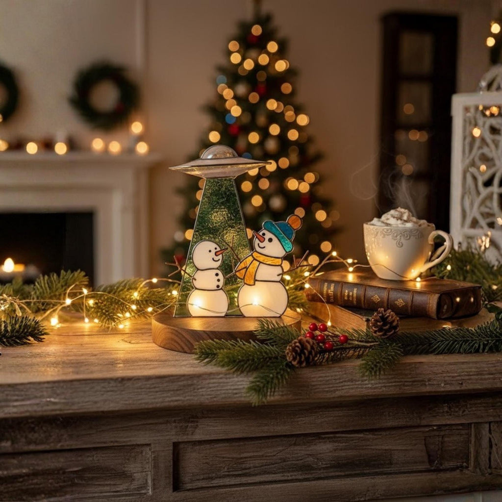 Funny snowman UFO glass ornament – unique stained glass handmade gift for winter.