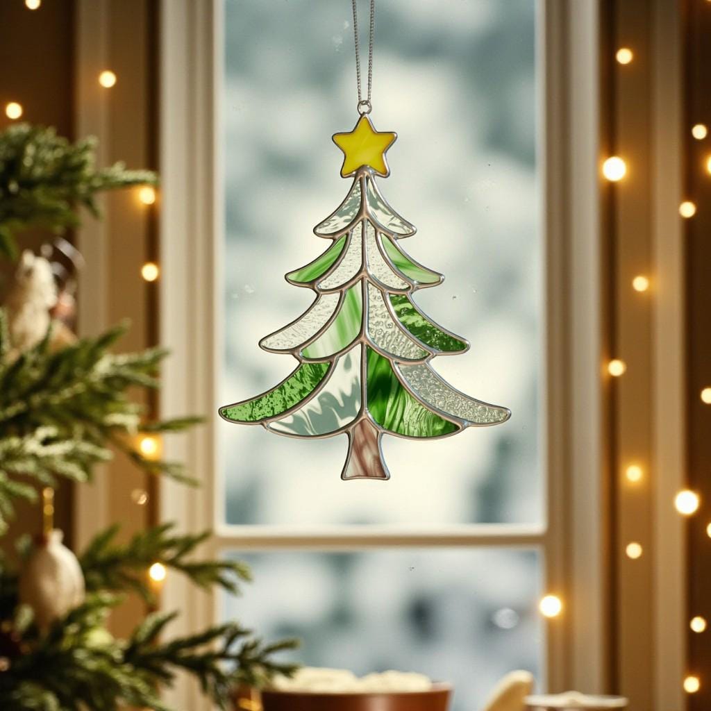 Stained glass pine tree ornament (Style #3) hanging in a daytime window, overlooking a house and trees.