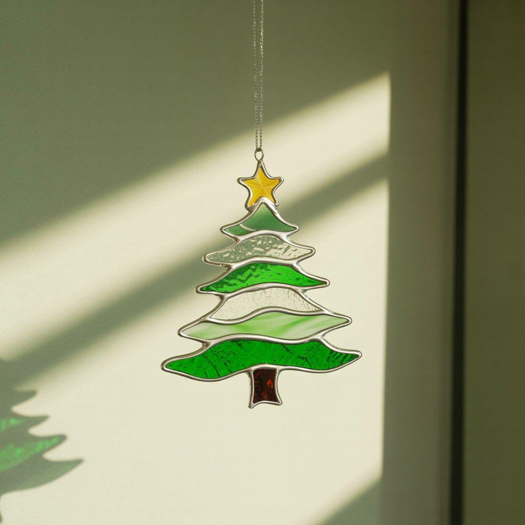 Stained glass tree suncatcher (Style #3) hanging in a window, with a church and cross visible in the background.