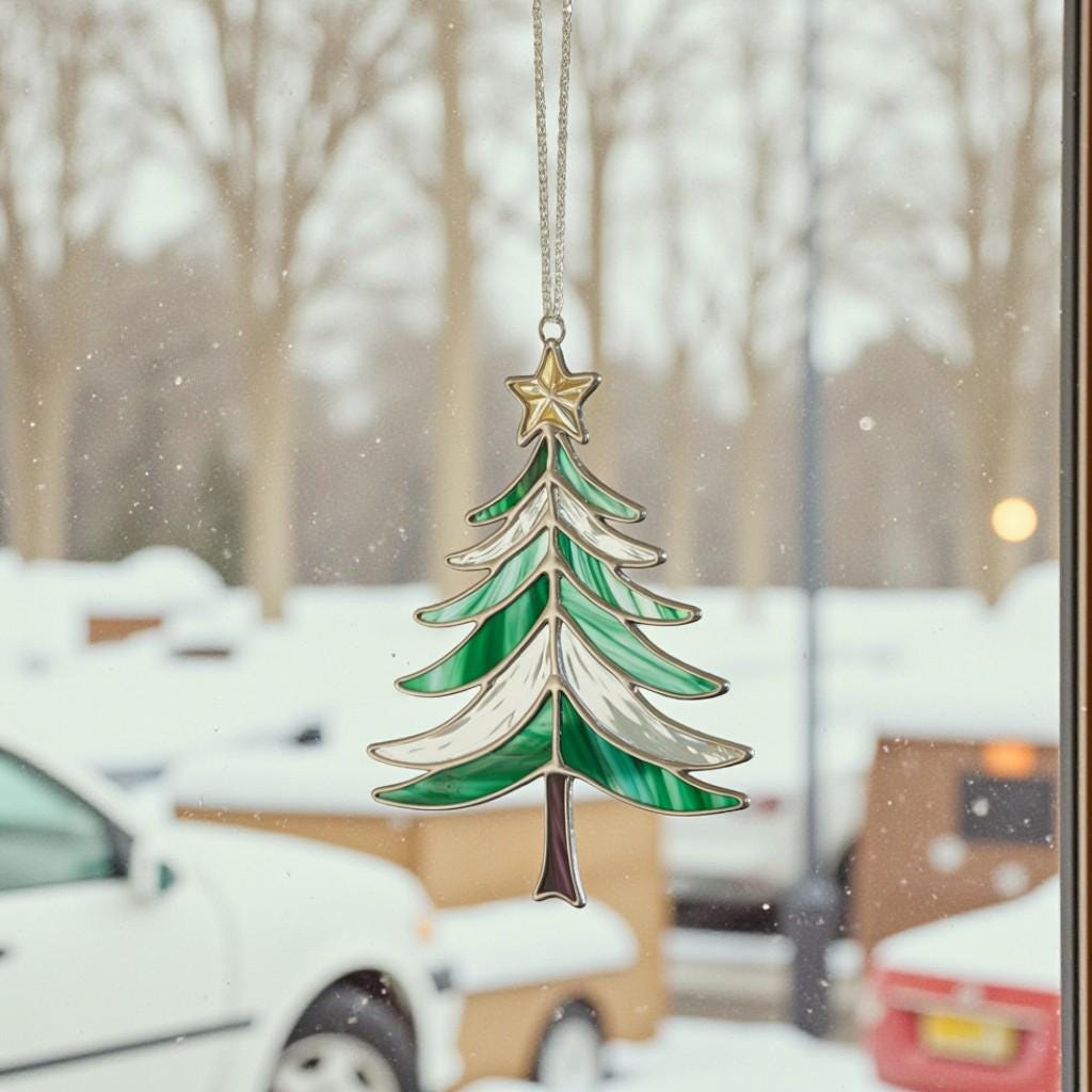 Close-up of the Style #3 tree suncatcher, hanging in a window with sparkling bokeh light effects.
