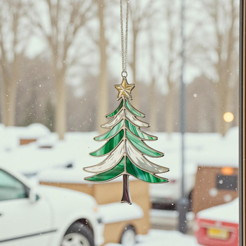 Close-up of the Style #3 tree suncatcher, hanging in a window with sparkling bokeh light effects.
