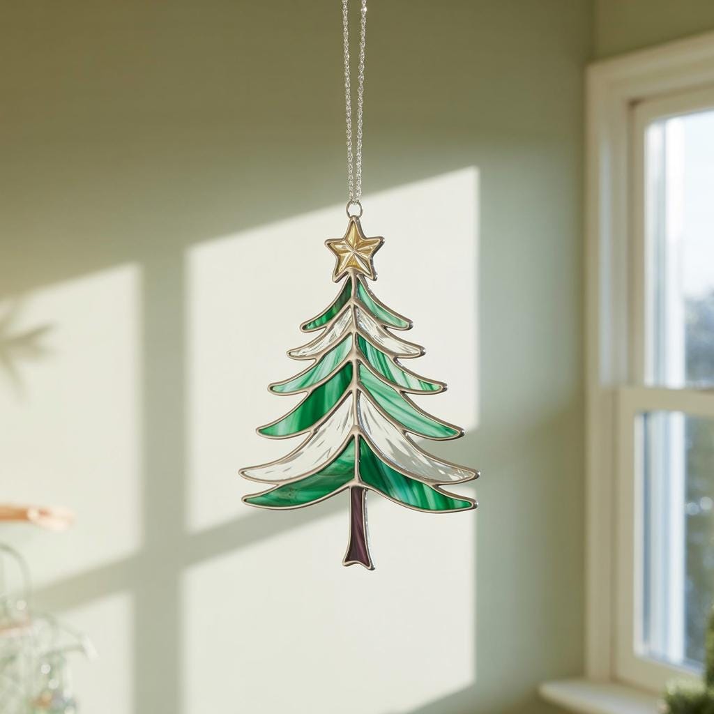 Stained glass Christmas tree suncatcher (Style #1) hanging indoors, showing the clear dark green and white glass design.
