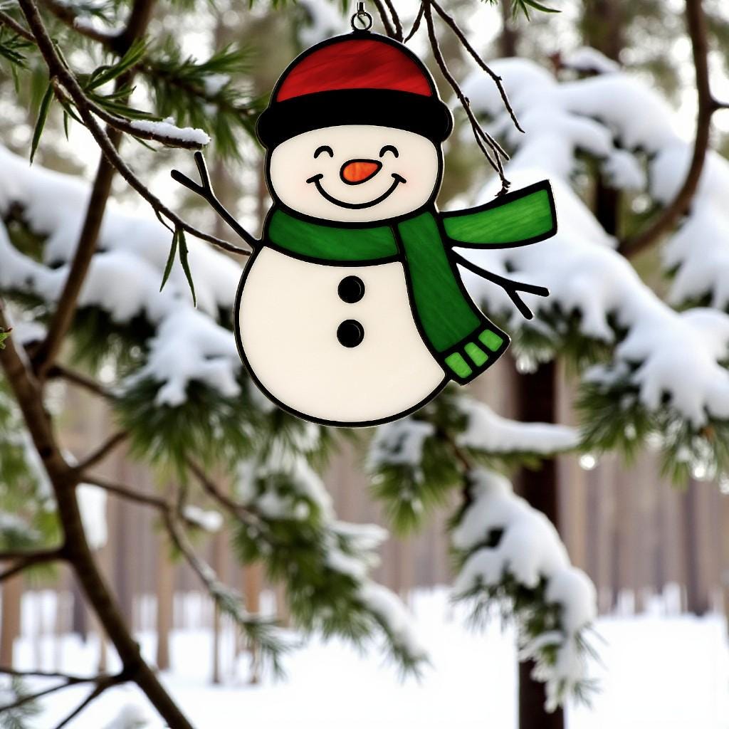 Snowman ornament (Style #1) hanging outdoors with a blurred snowy background, highlighting the blue and pink glass.