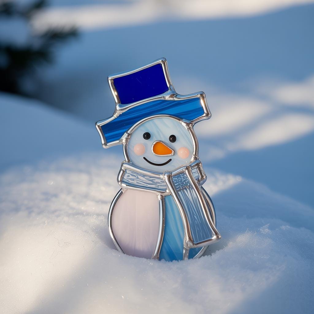 Snowman suncatcher (Style #5, red Santa hat) hanging in a window next to a soft white curtain.