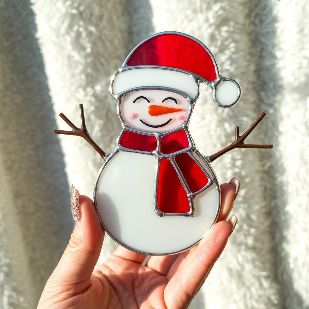 A hand holding the snowman ornament (Style #5, red Santa hat) in bright sunlight, highlighting the vibrant red glass.