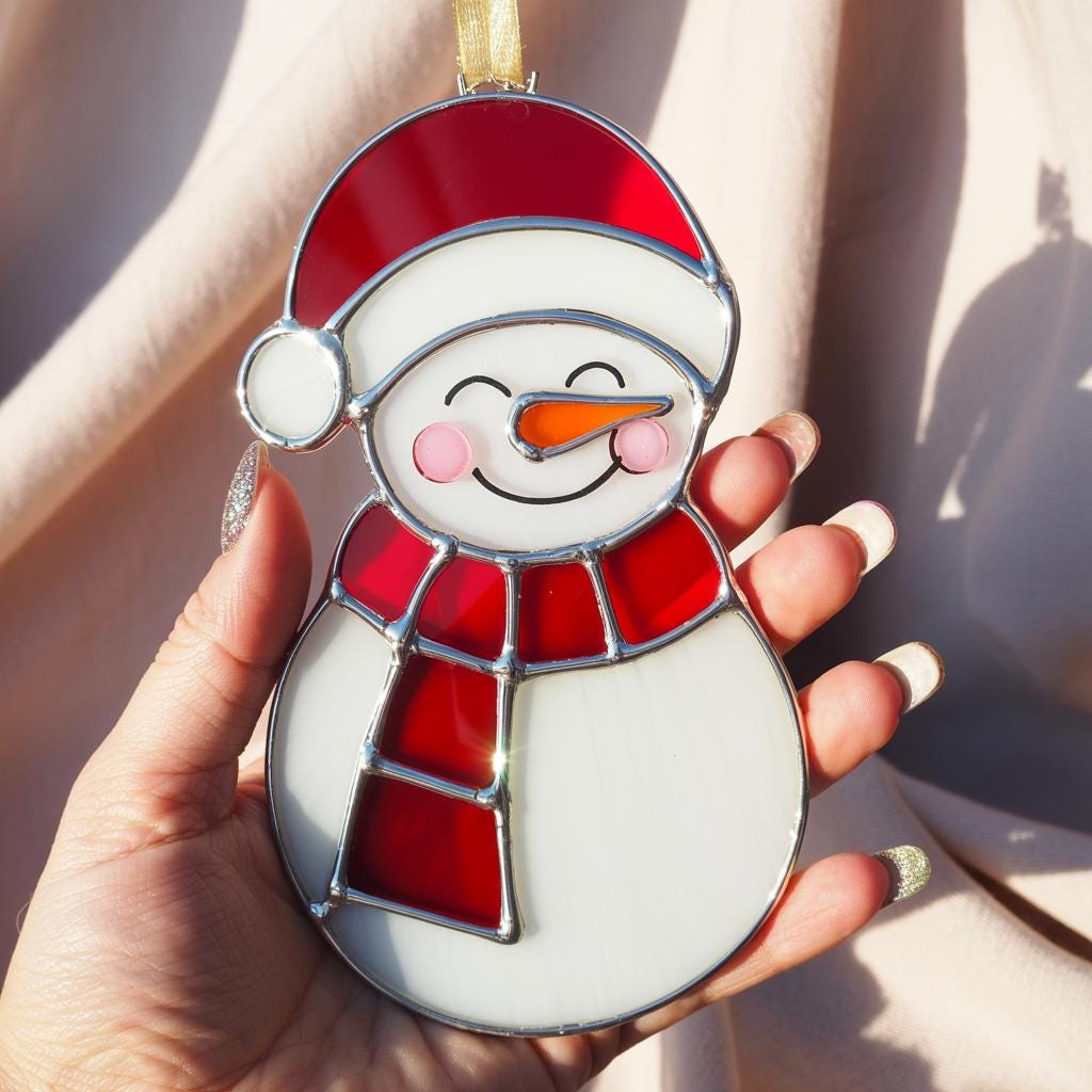 Stained glass snowman (Style #3) hanging on a pine branch, shot from a different angle in a snowy setting.