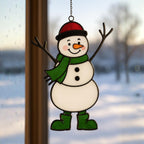 Size Description" infographic for the stained glass snowman, showing a height of 7.9 inches (20cm) and width of 4.3 inches (11cm).