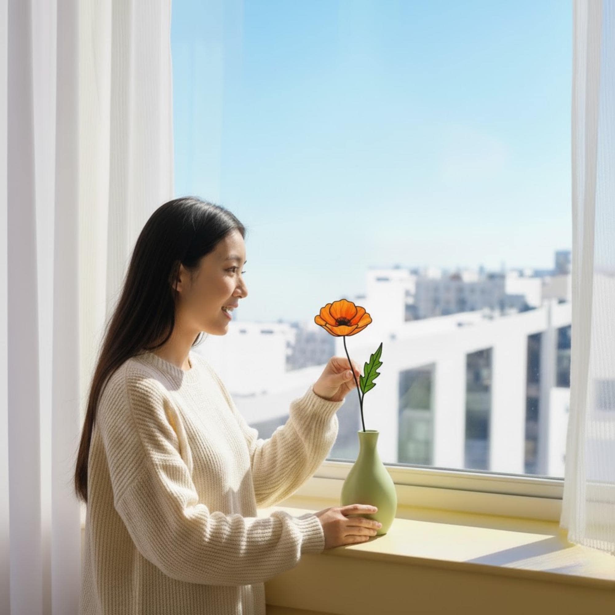 Stained Glass Poppy Flower | California Poppy Suncatcher | Glass Wildflower Bouquet Home Decor | Birth Month Flower Gift Vase Art