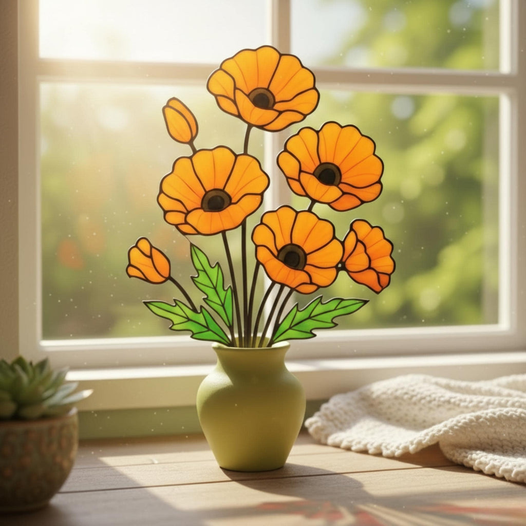 Stained Glass Poppy Flower | California Poppy Suncatcher | Glass Wildflower Bouquet Home Decor | Birth Month Flower Gift Vase Art