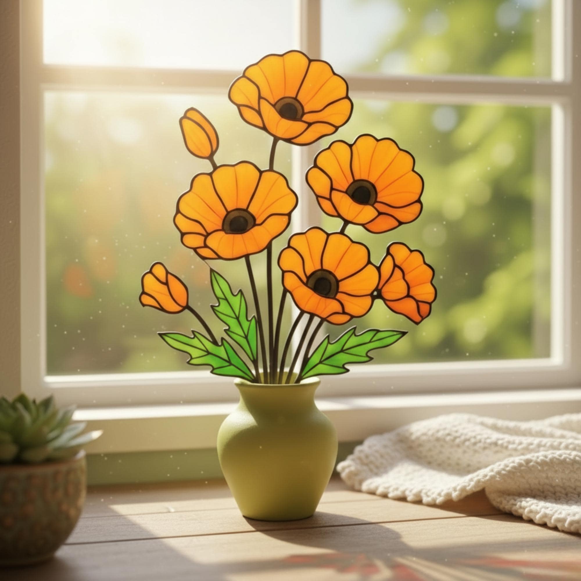Stained Glass Poppy Flower | California Poppy Suncatcher | Glass Wildflower Bouquet Home Decor | Birth Month Flower Gift Vase Art