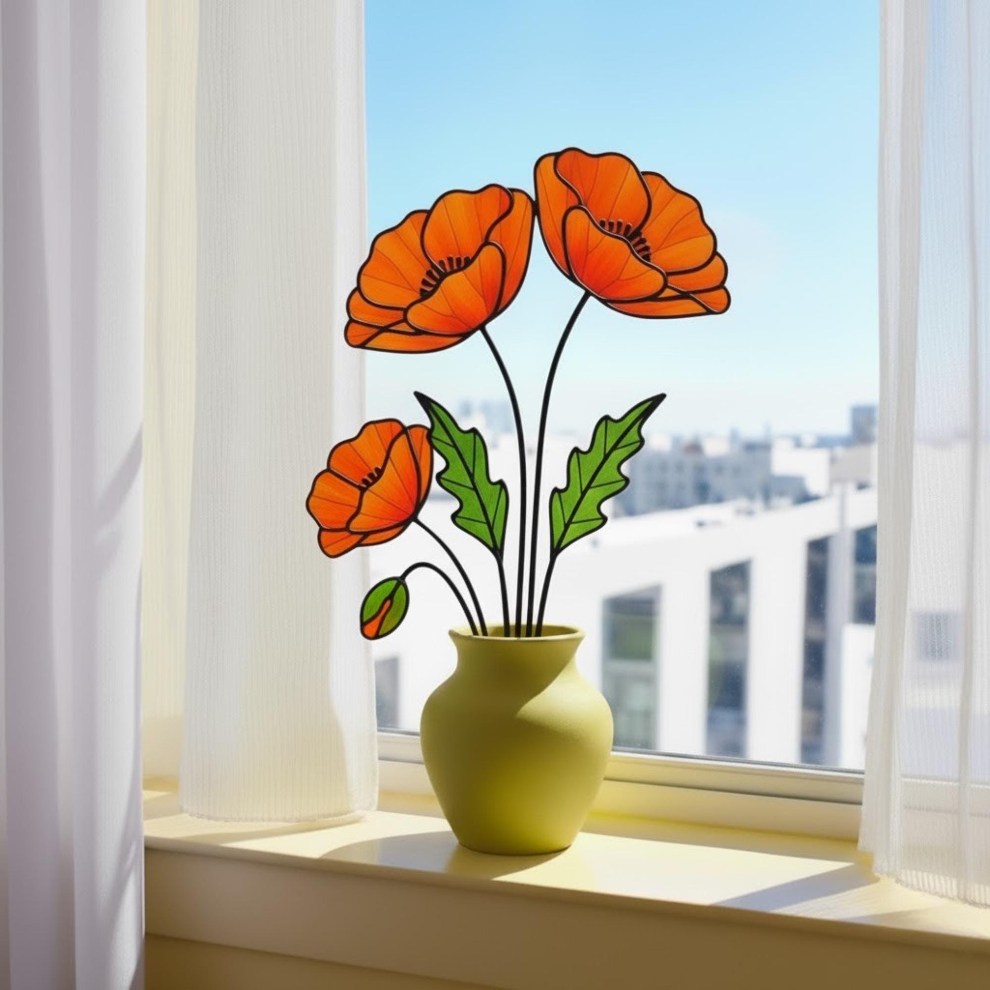 Stained Glass Poppy Flower | California Poppy Suncatcher | Glass Wildflower Bouquet Home Decor | Birth Month Flower Gift Vase Art
