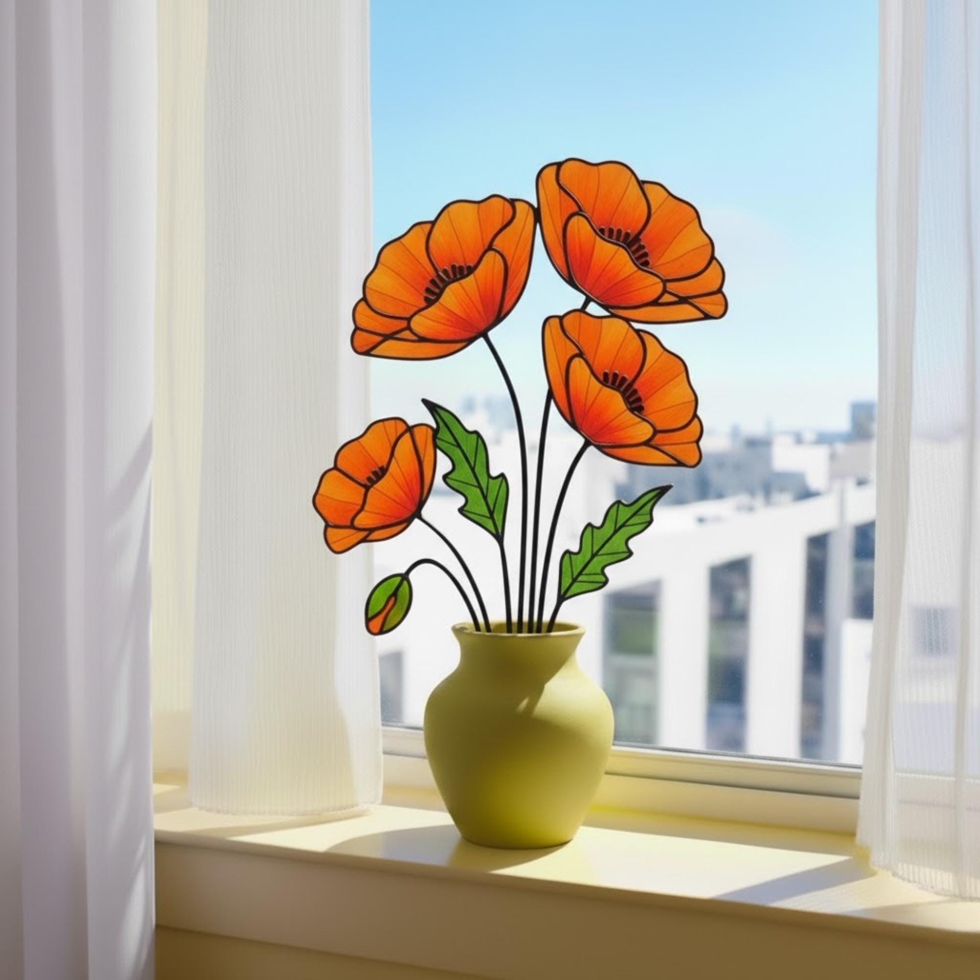 Stained Glass Poppy Flower | California Poppy Suncatcher | Glass Wildflower Bouquet Home Decor | Birth Month Flower Gift Vase Art