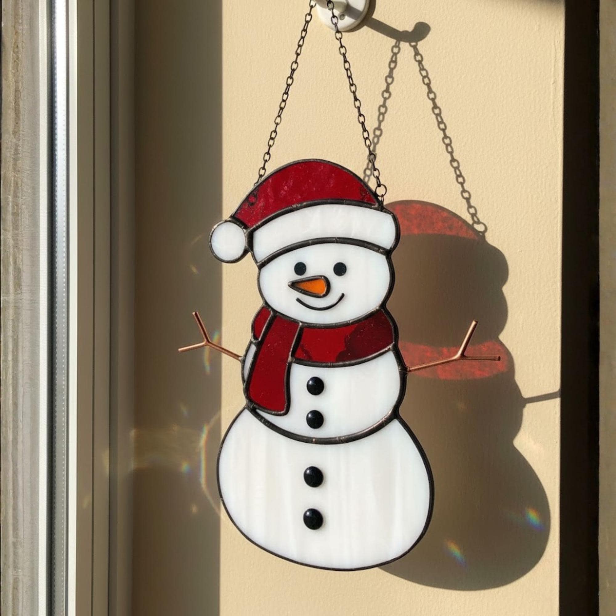 Cute snowman ornament with red scarf – stained glass Christmas gift idea.