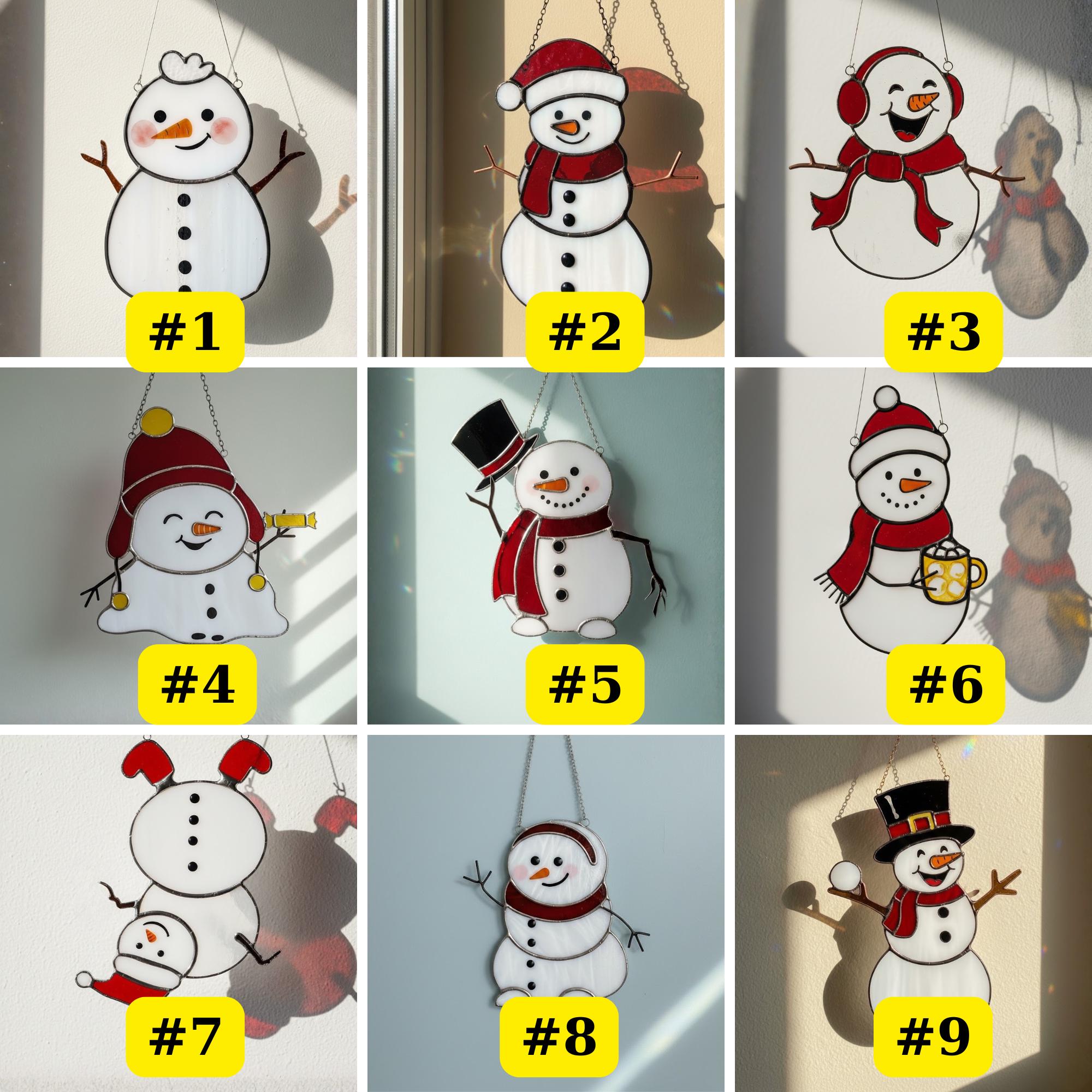 Collection of nine snowman designs – handmade glass Christmas ornament set.