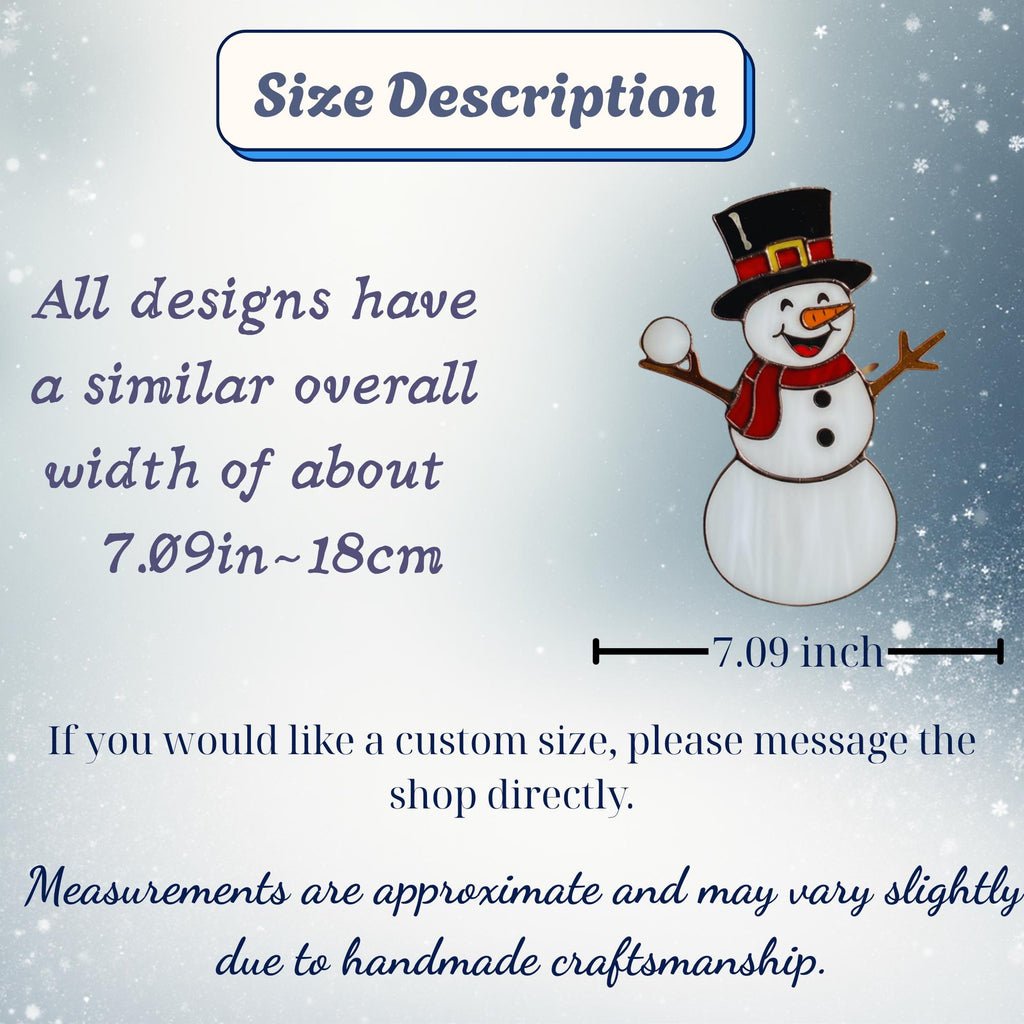 Size chart for stained glass snowman ornament – handmade Christmas decor details.