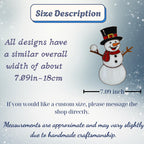 Size chart for stained glass snowman ornament – handmade Christmas decor details.