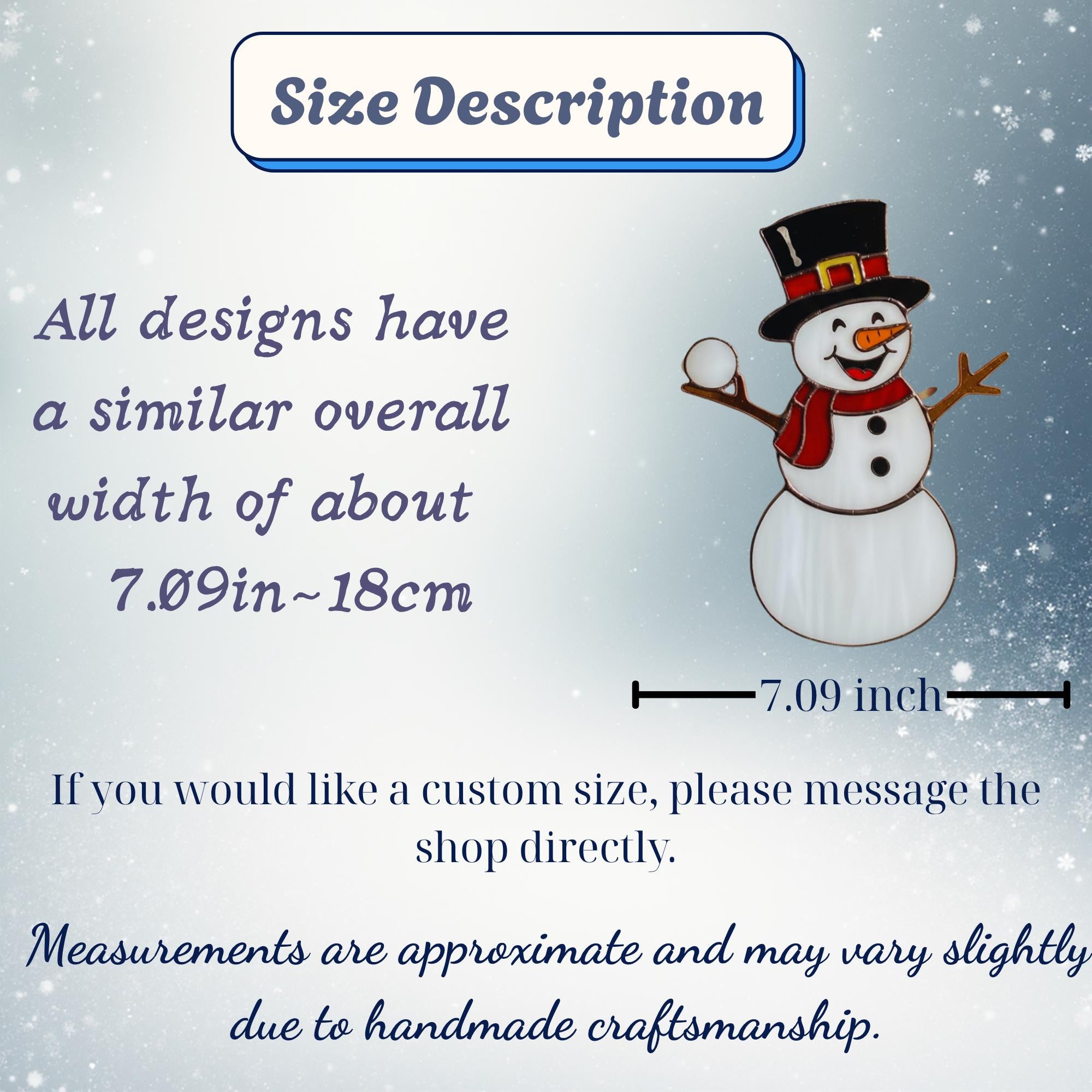 Size chart for stained glass snowman ornament – handmade Christmas decor details.