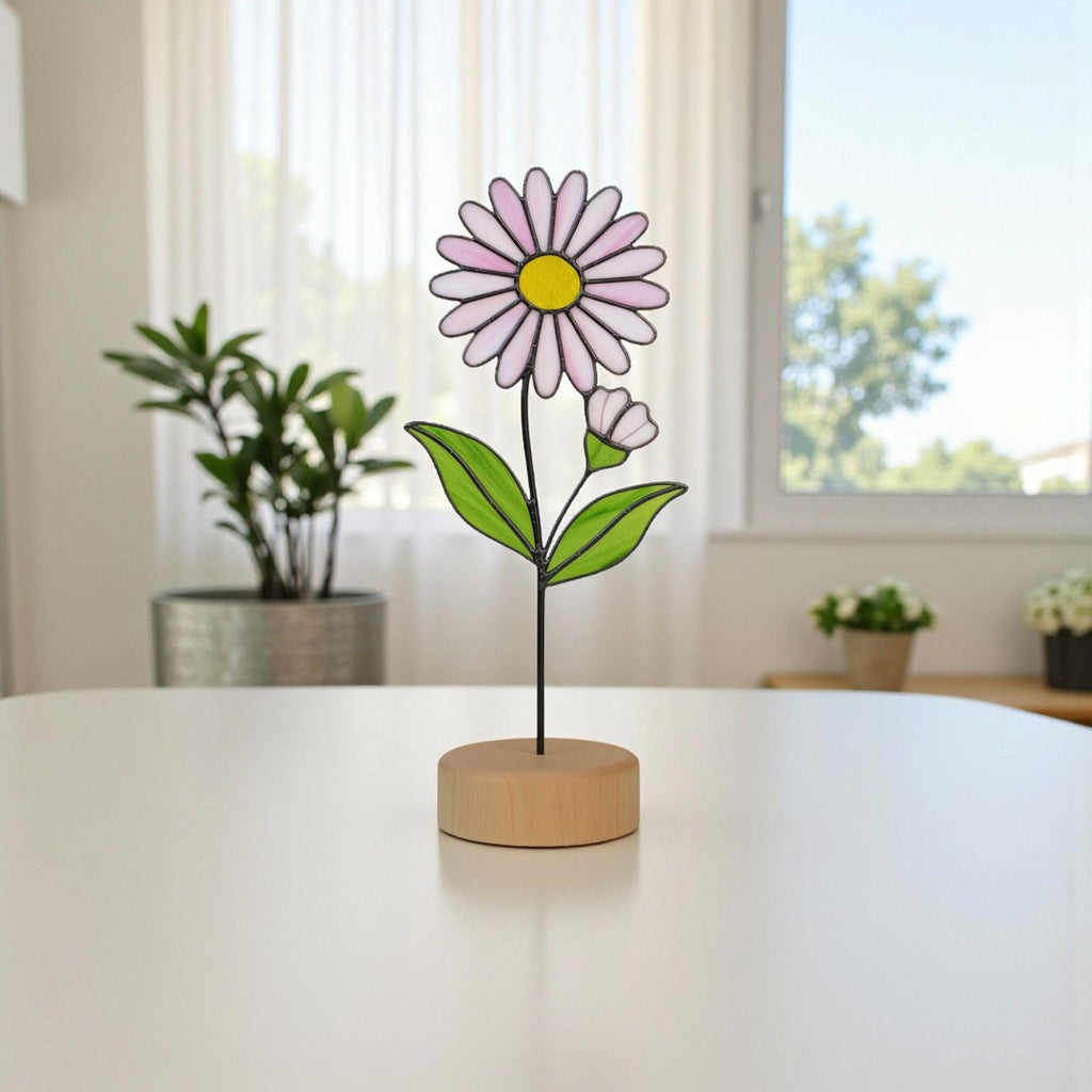 Stained Glass Marigold or Cosmos flower, unique personalized gift idea for autumn birthdays.