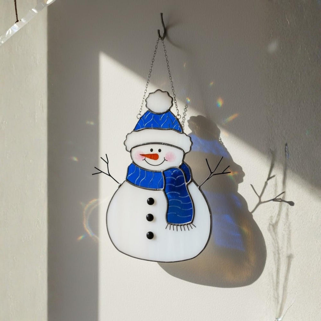 Cheerful red-hat snowman stained glass art piece – holiday home decoration idea.