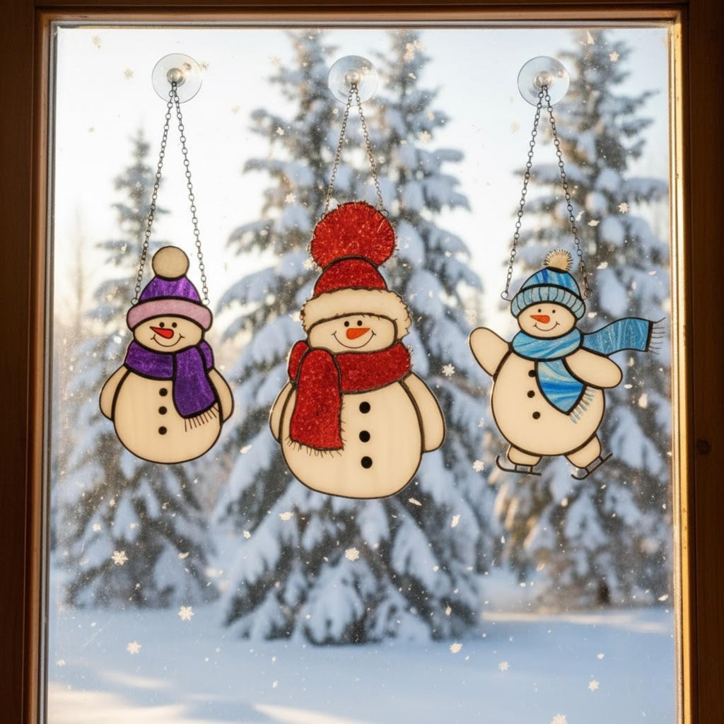 Pair of snowman stained glass ornaments in sunlight – perfect handmade holiday decor.