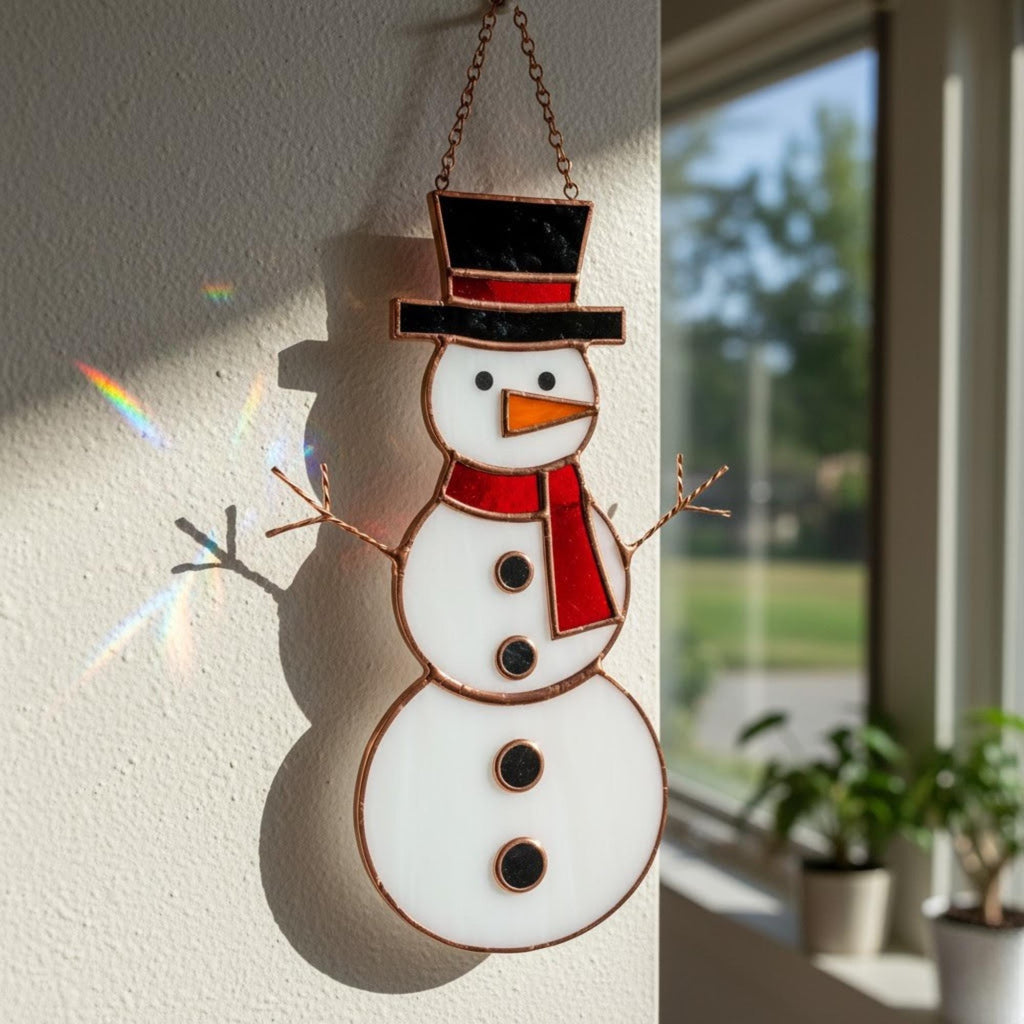 Classic snowman with top hat stained glass ornament – holiday decoration for home.