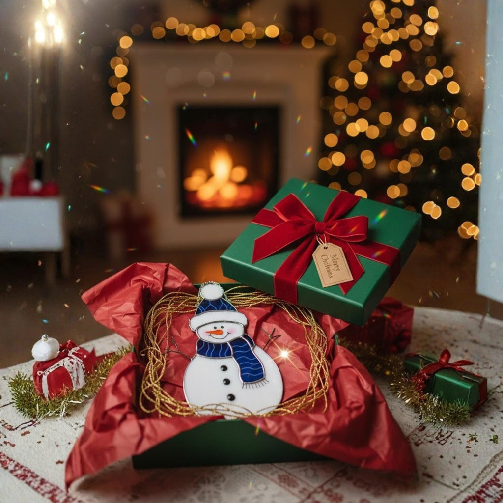 Unique snowman stained glass window art catching sunlight – handmade holiday decor.