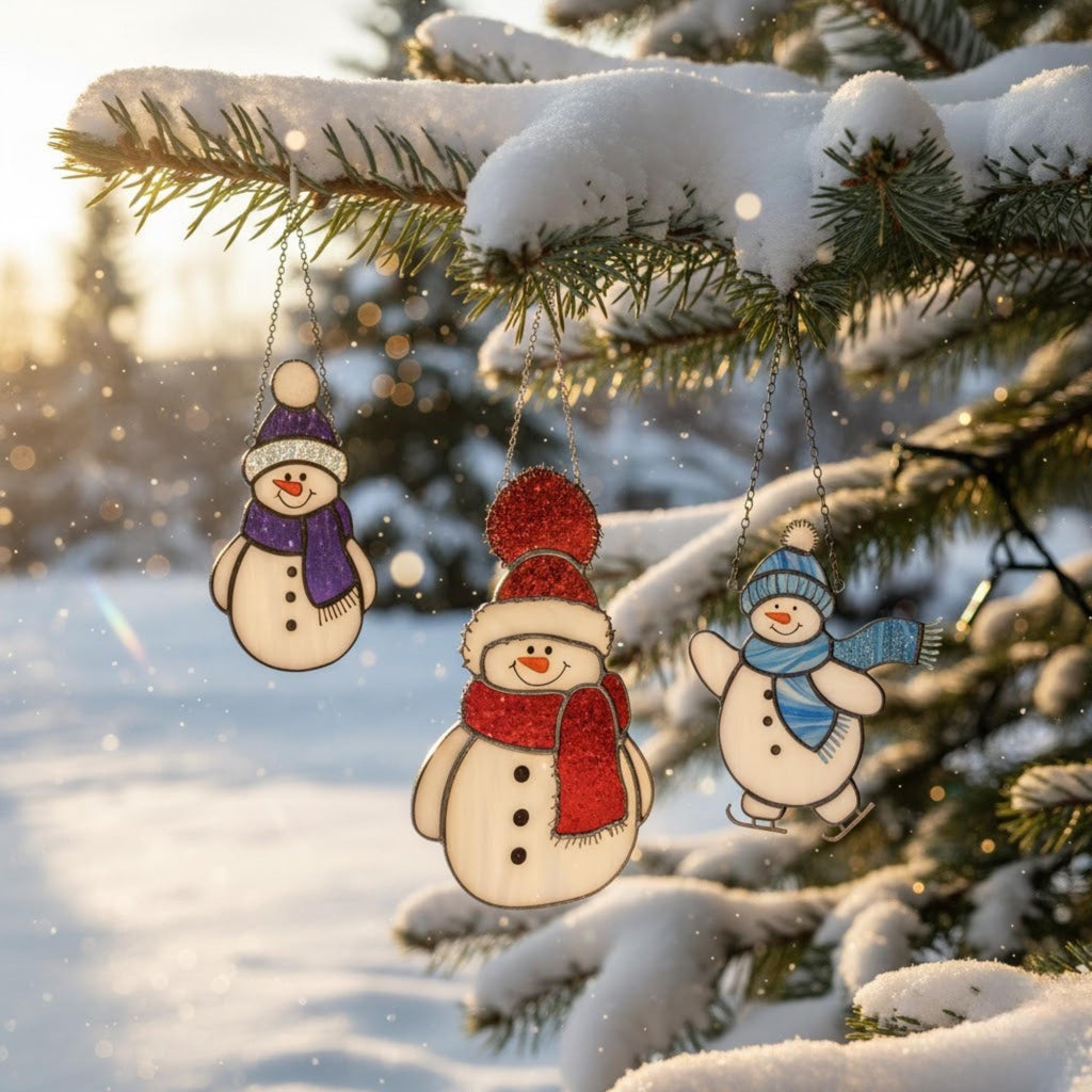 Blue stained glass snowman suncatcher glowing on window – winter home decor gift.