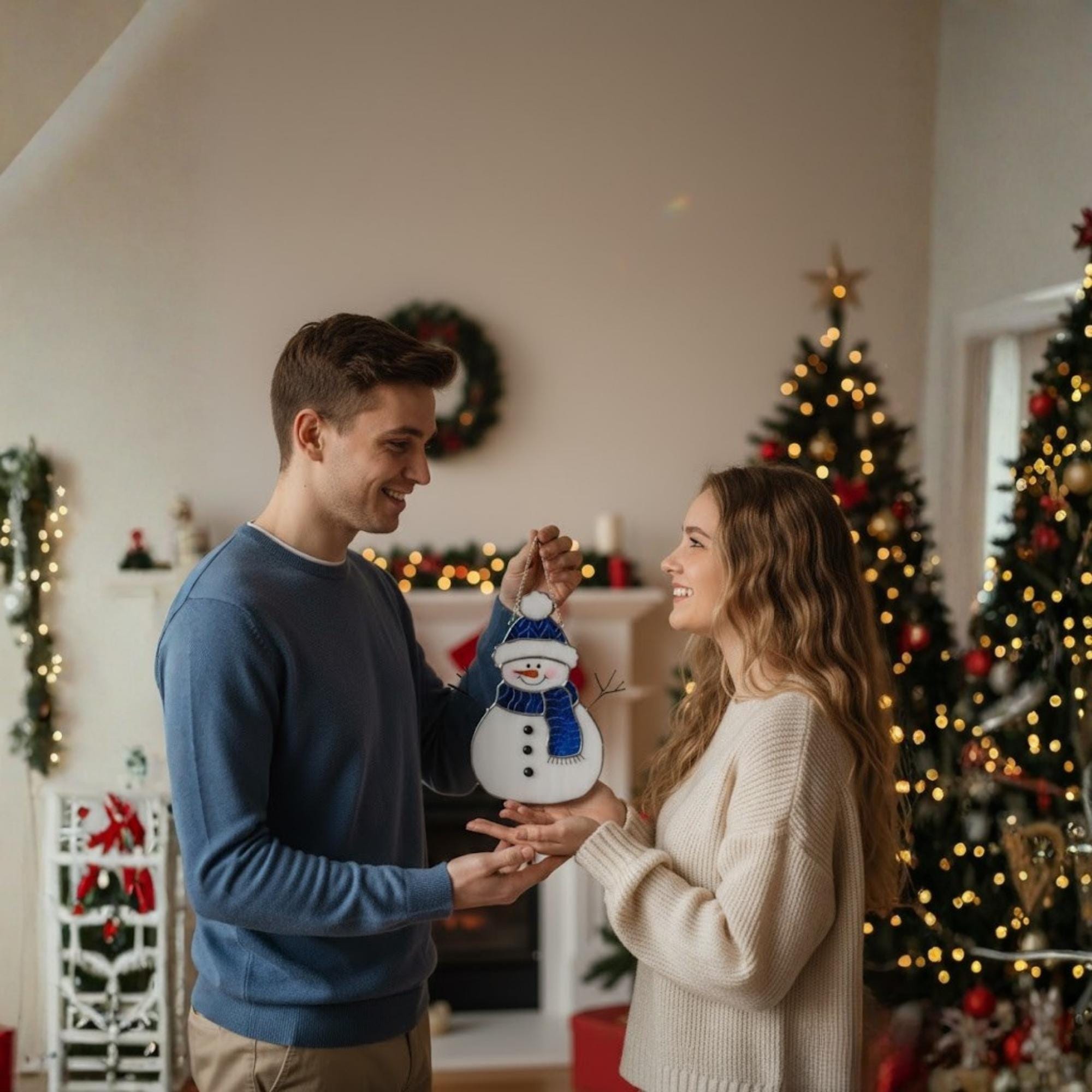 Cozy Christmas scene with stained glass snowman by fireplace – perfect holiday gift idea.