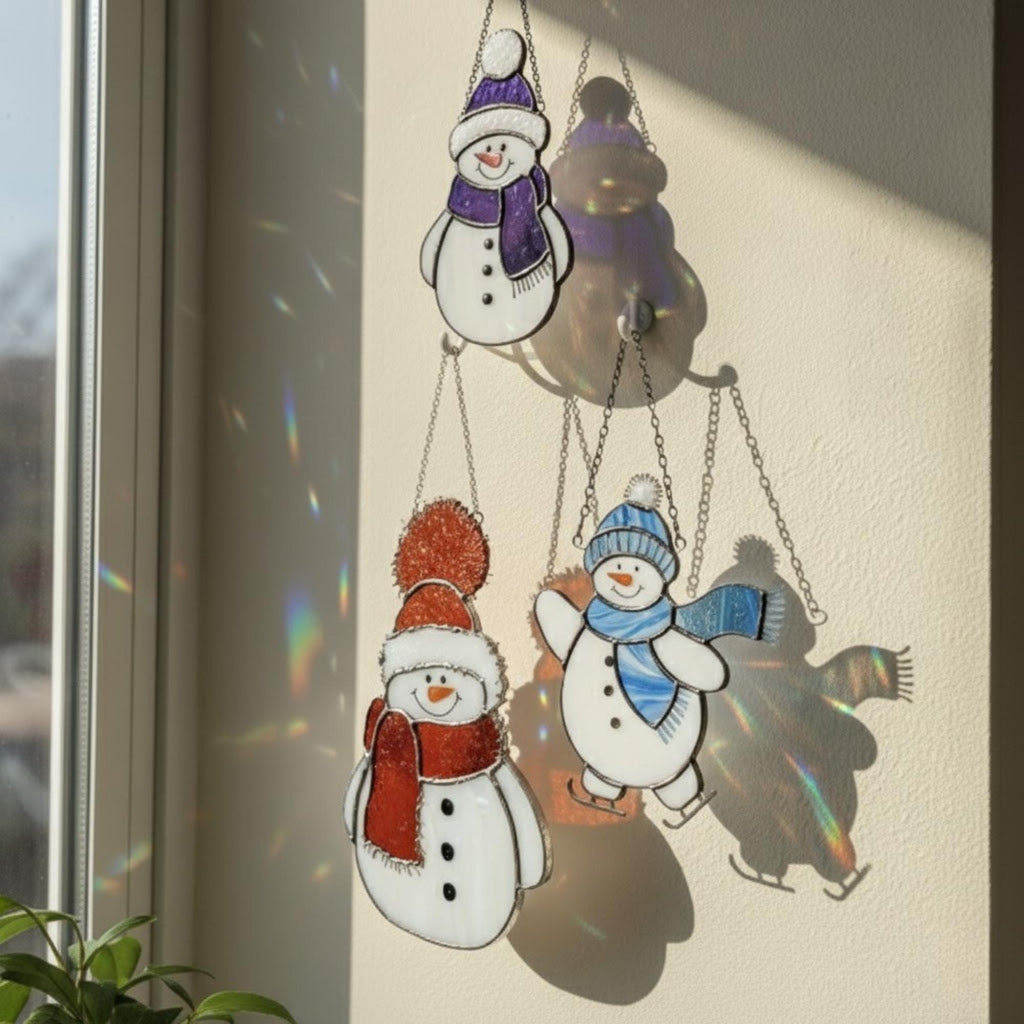 Snowman glass ornament hanging on Christmas tree – handmade holiday decoration.