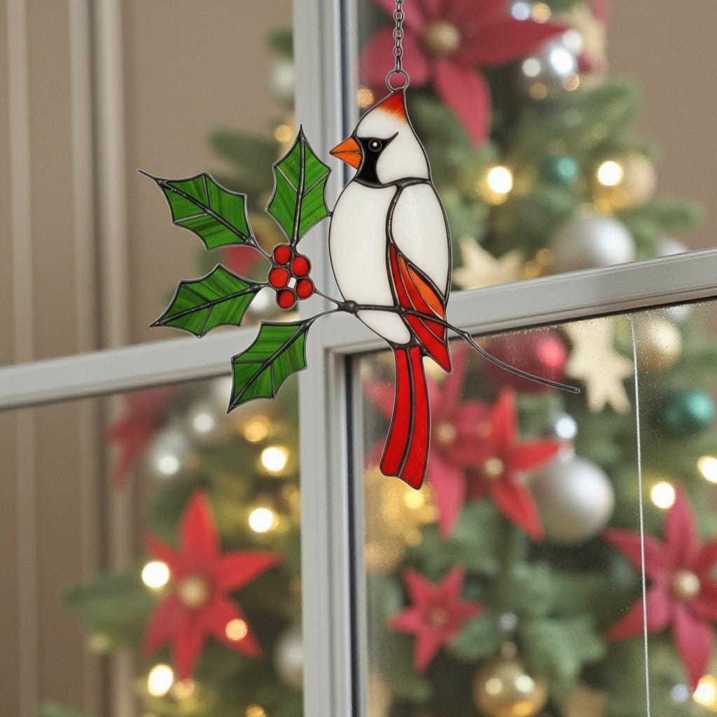 Stained Glass Cardinal Suncatcher, Memorial Gift for Mom, Sympathy Bird Art, Christmas Window Decor, Unique Bereavement Present, Bird Lover
