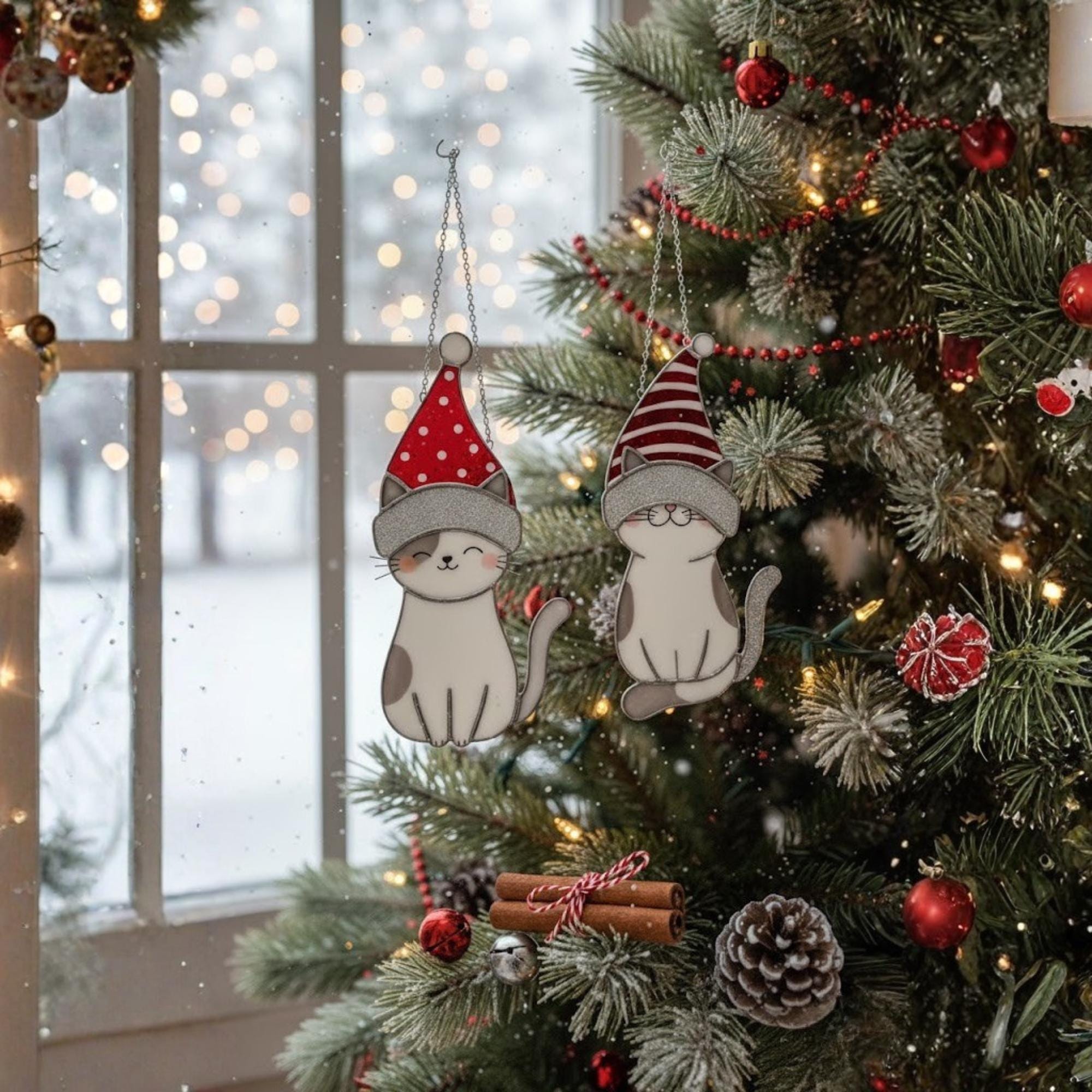 Stained glass cat ornament surrounded by Christmas pine and berries – cozy winter decoration.