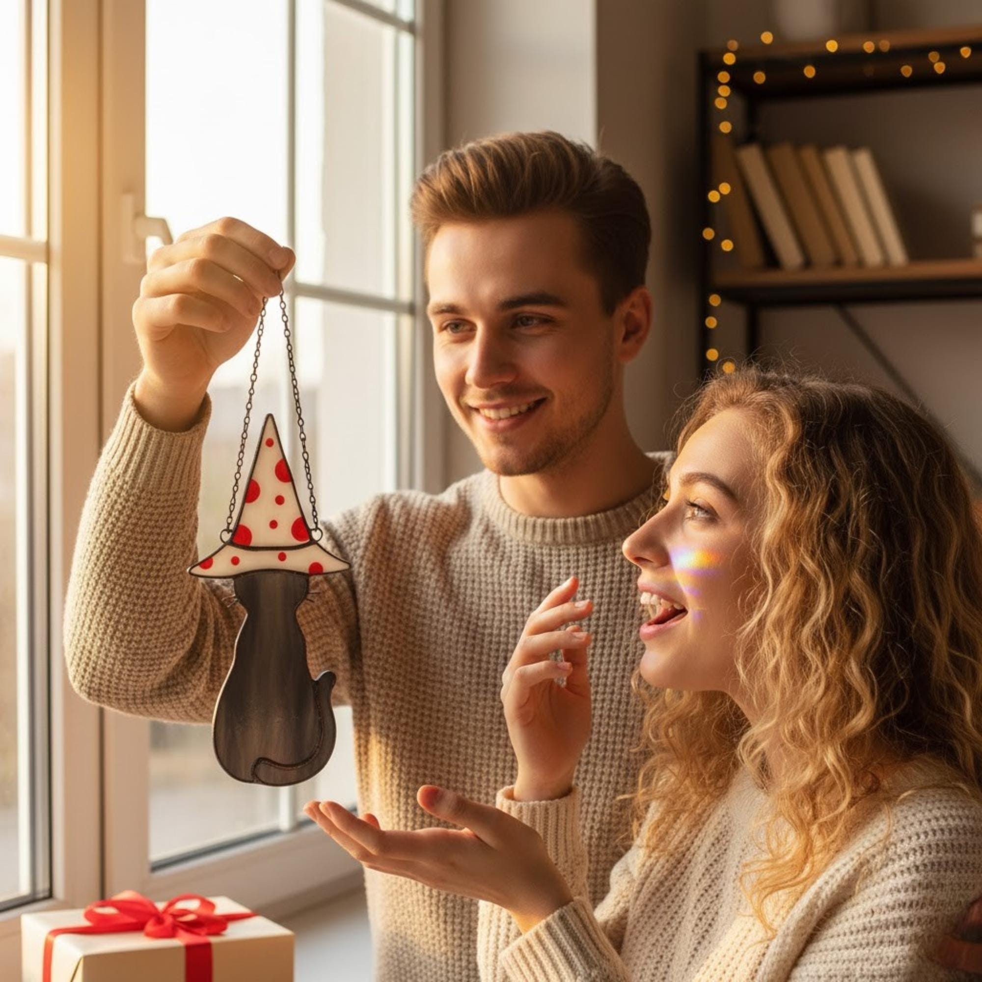 Couple exchanging handmade cat stained glass ornament – romantic holiday gift moment.
